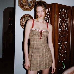 With Jean Plaid Mini Dress with Red Straps